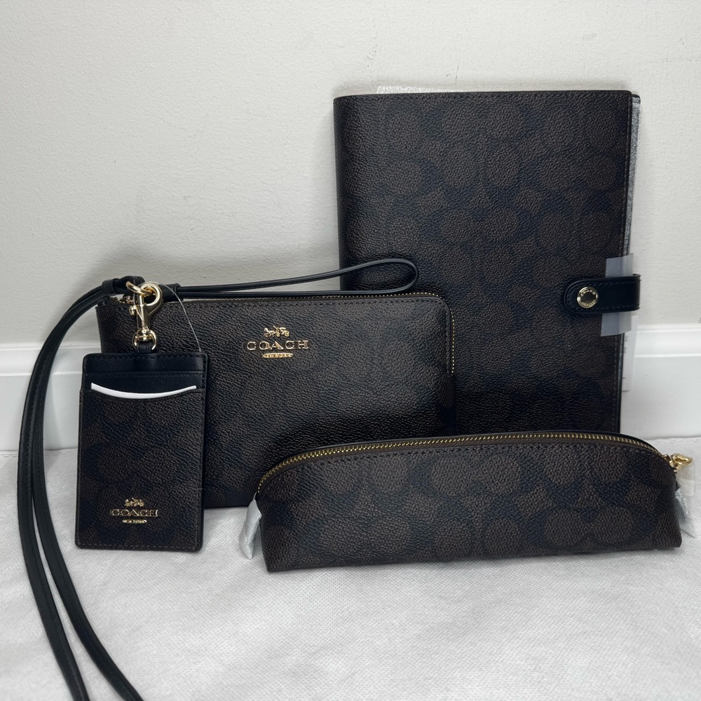 NWT Coach Notebook, Pencil Case, Wristlet, Lanyard Signature Canvas Walnut Black
